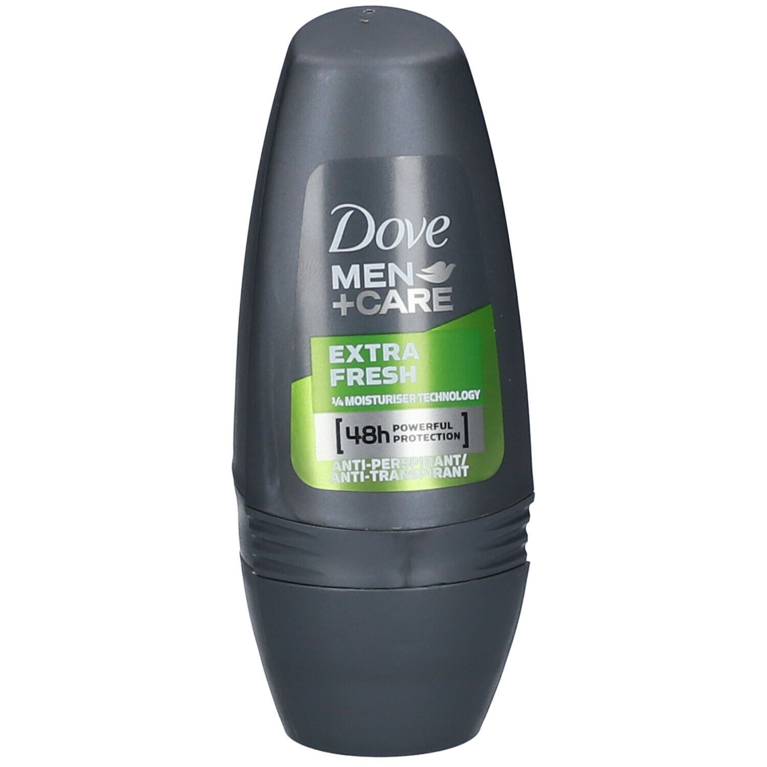 Grijze roll-on deodorant. Label met Dove Men+Care, Extra Fresh en 48u bescherming. Groene en witte accenten.