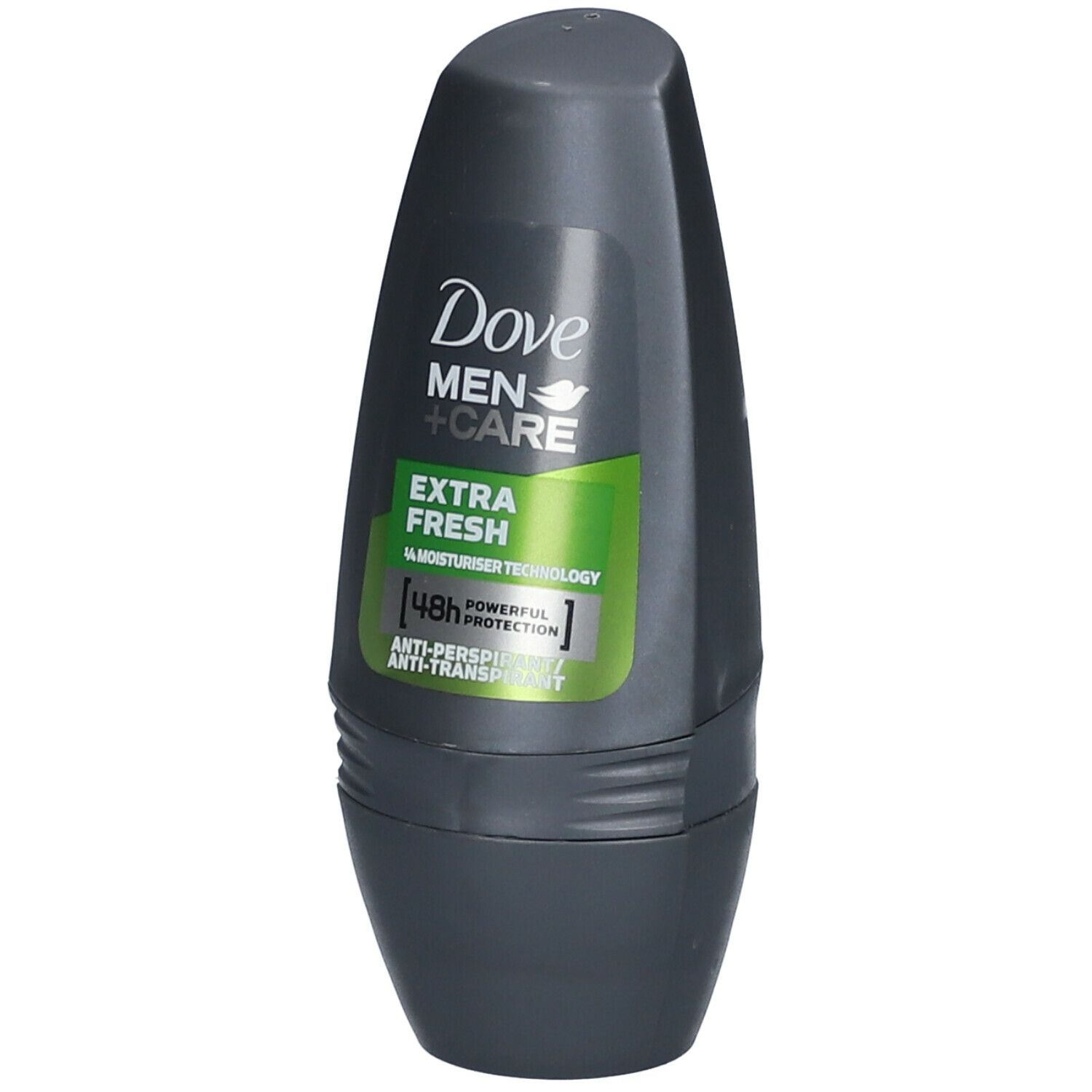 Grijze roll-on deodorant. Label met Dove Men+Care, Extra Fresh en 48u bescherming. Groene en witte accenten.