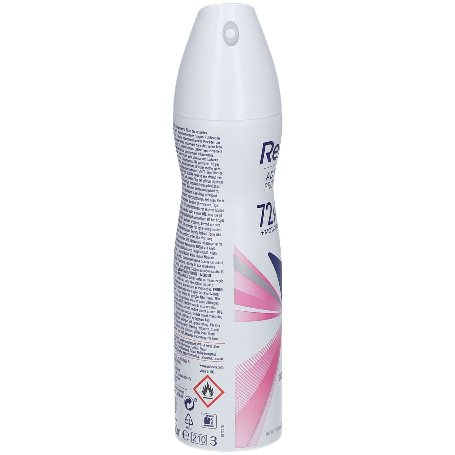 Spray déodorant blanc, vue arrière. Texte et symboles sur l'étiquette. Contient des avertissements.