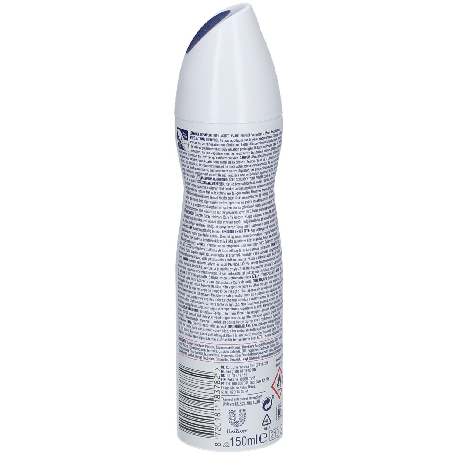 Spray déodorant, vue arrière. Boîtier blanc avec texte et symboles. Contient des avertissements et indication de volume.