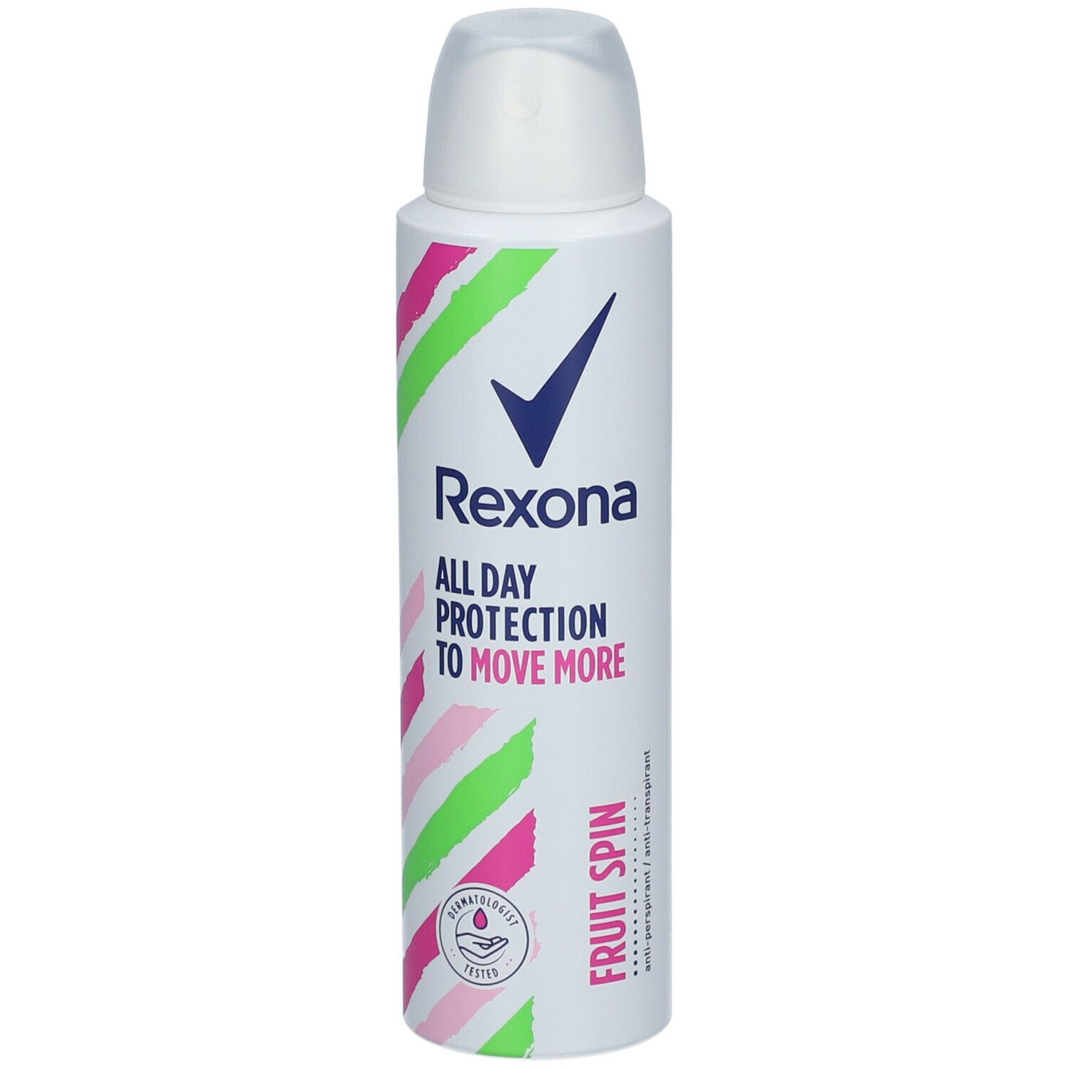 Spray anti-transpirant Rexona Fruit Spin. Flacon blanc avec rayures roses et vertes. Logo et nom du produit visibles.
