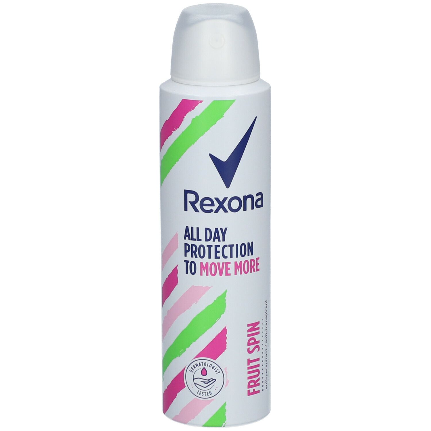 Spray anti-transpirant Rexona Fruit Spin. Flacon blanc avec rayures roses et vertes. Logo et nom du produit visibles.