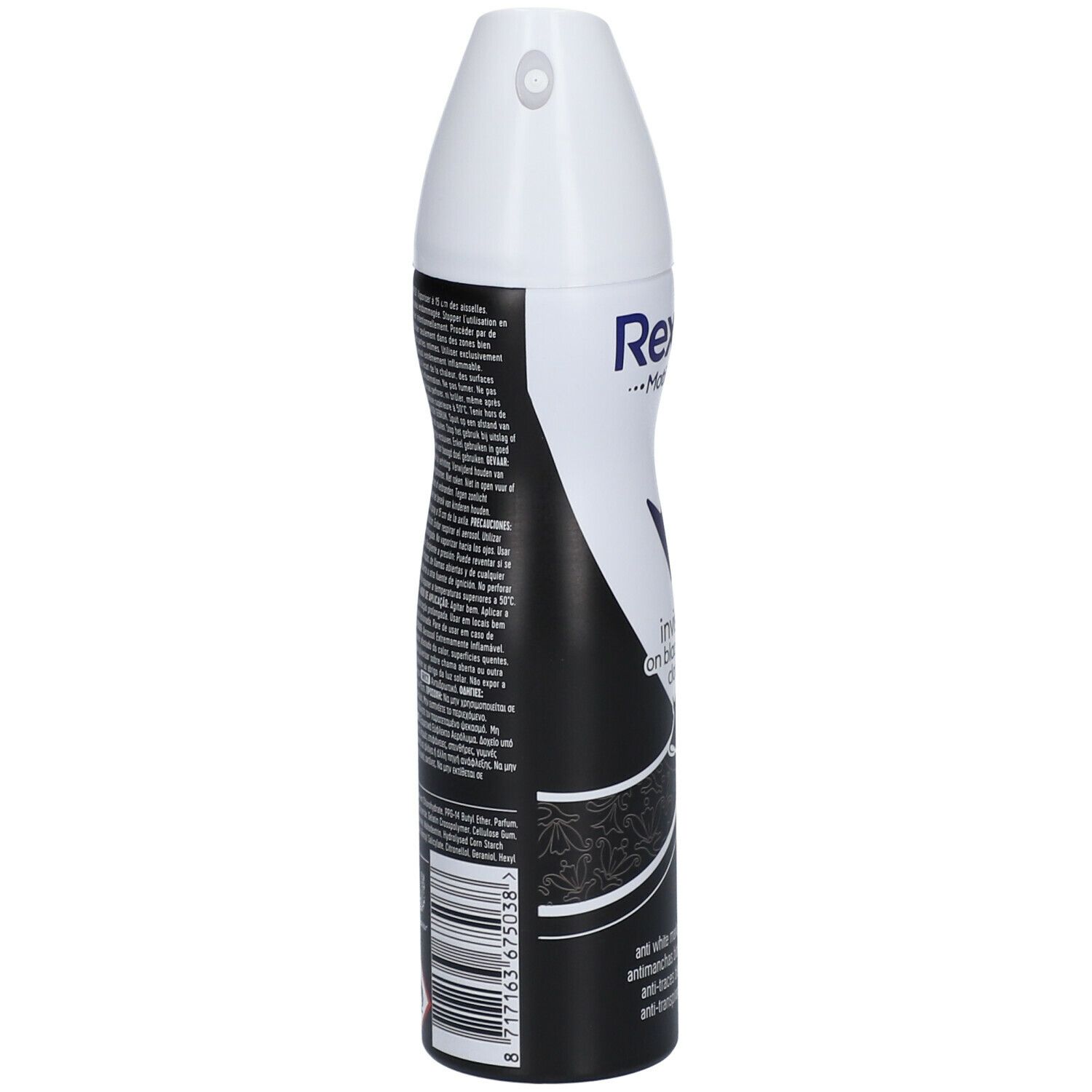 Wit en zwarte deodorant sprayfles. Achterkant met tekst en barcode. Merk Rexona, MotionSense. Witte sproeikop.