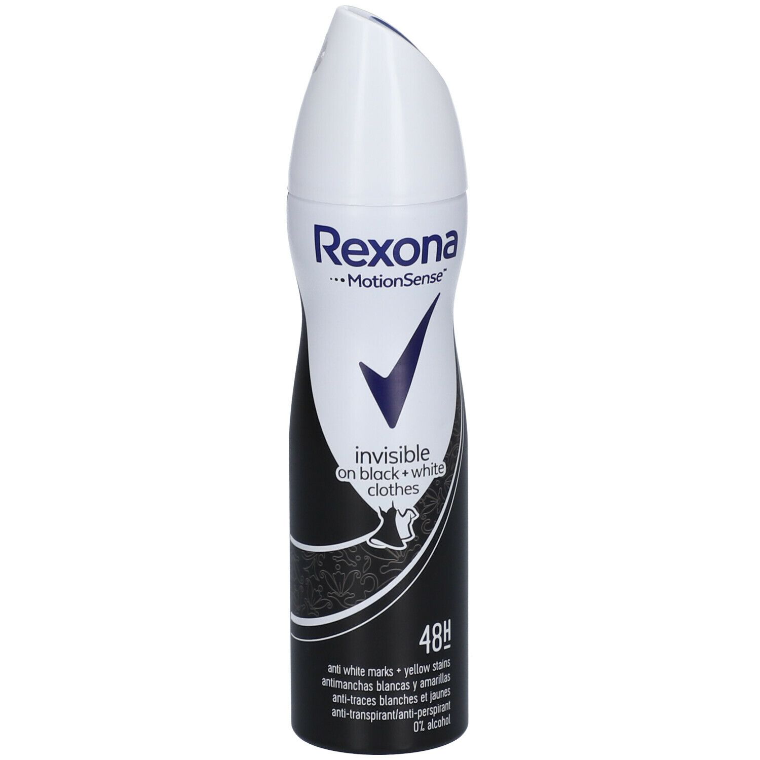 Wit en zwarte deodorant sprayfles. Merk Rexona, MotionSense. Tekst: invisible on black + white clothes, 48h. Met blauwe vink.