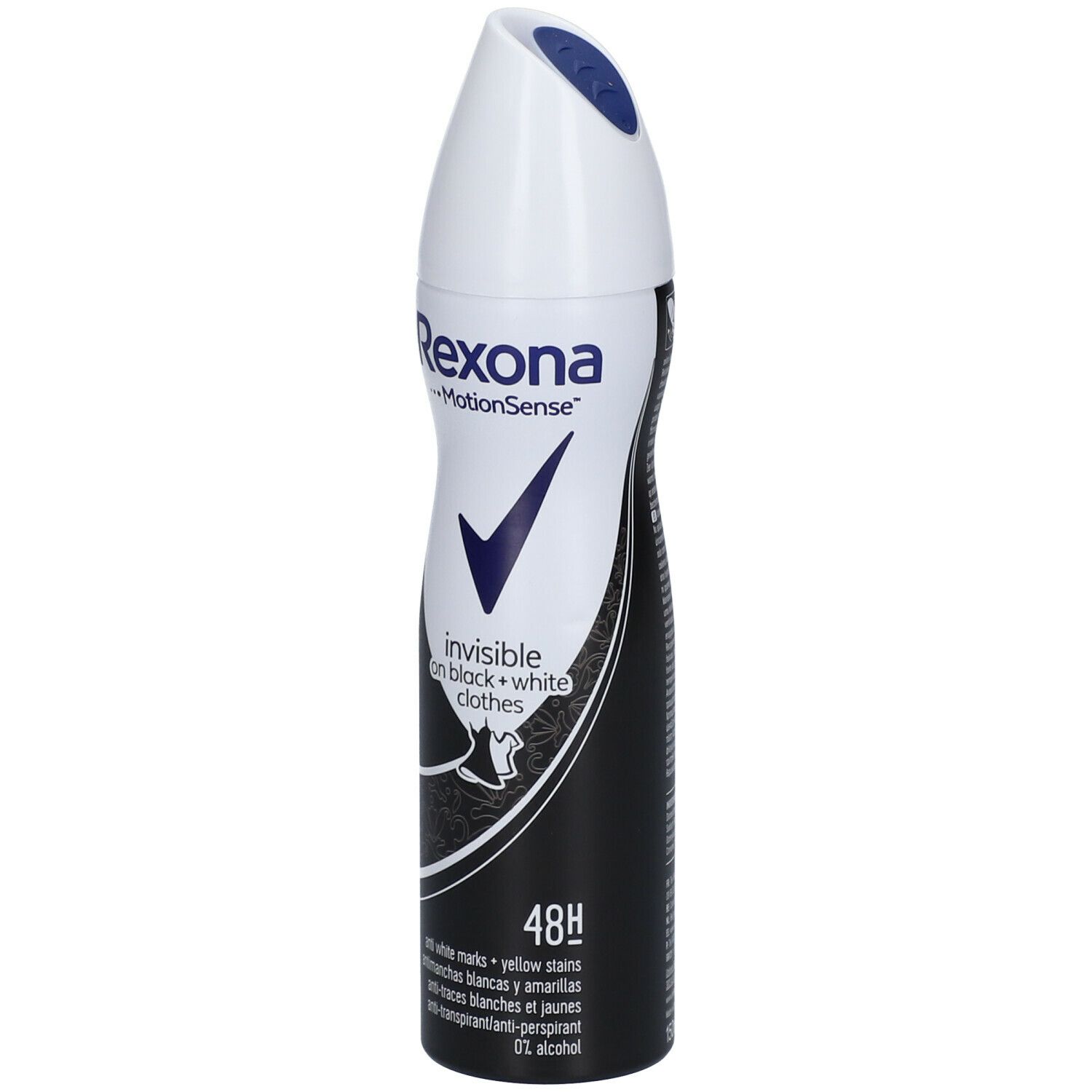 Wit en zwarte deodorant sprayfles. Merk Rexona, MotionSense. Tekst: invisible on black + white clothes, 48h. Met blauwe vink.