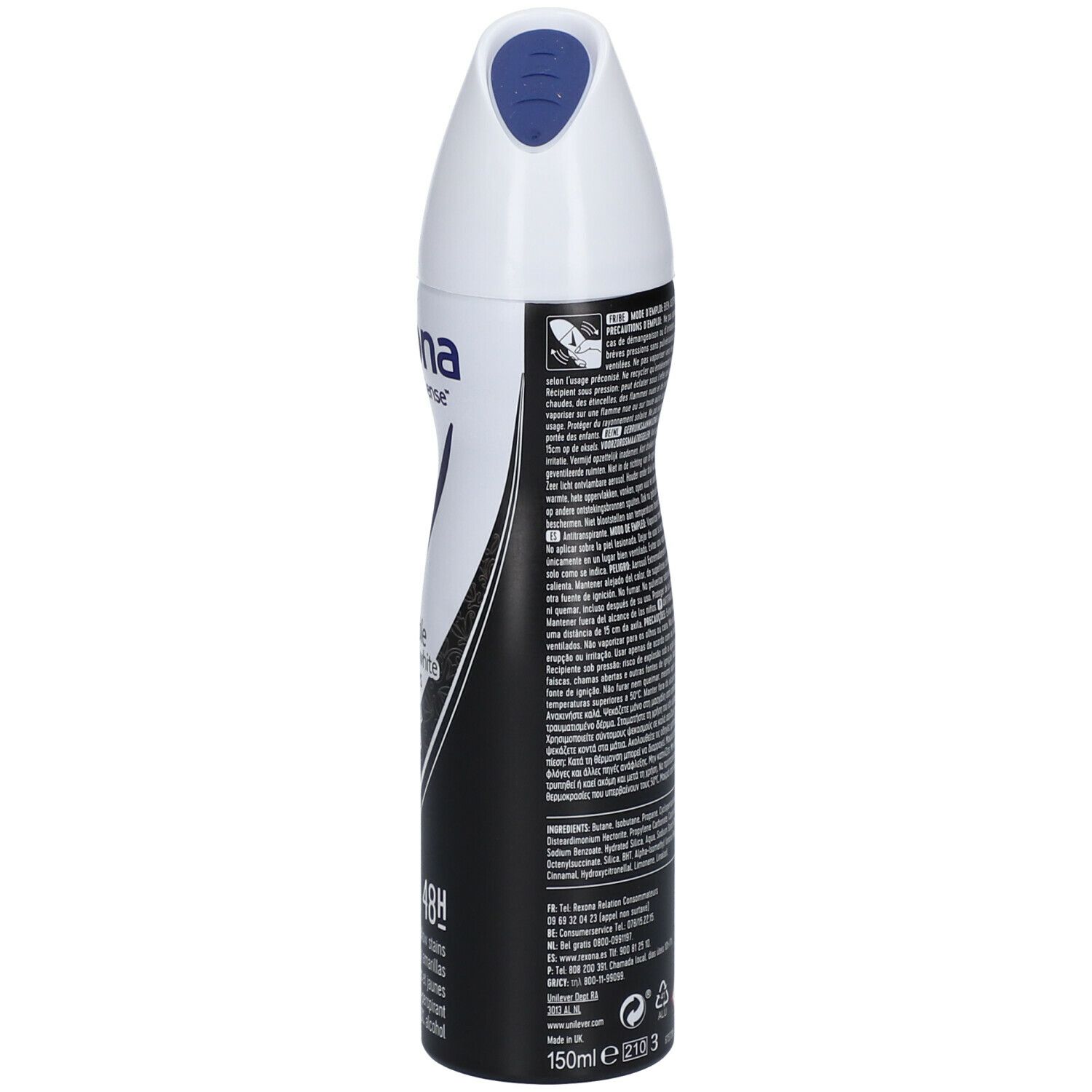 Wit en zwarte deodorant sprayfles. Achterkant met tekst. Merk Rexona, MotionSense. Witte sproeikop. Volume: 150ml.