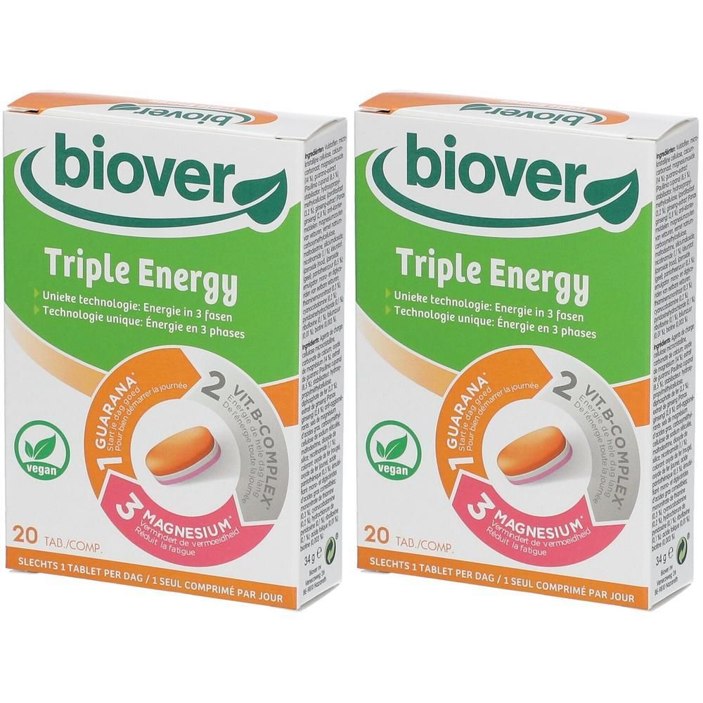 Deux boîtes de Biover Triple Energy. Emballage blanc avec logo vert et nom du produit. Contient 20 comprimés. Label vegan.