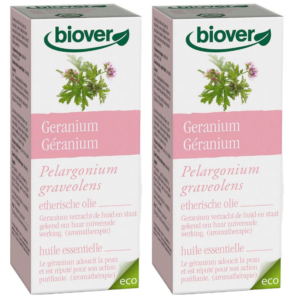 Deux boîtes blanches biover. Inscription : Geranium, Pelargonium graveolens, huile essentielle. Avec label Eco.