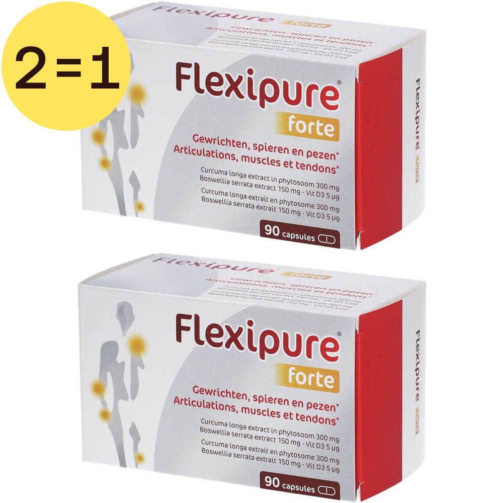 Twee FlexiPure Forte-verpakkingen. Opschrift: Gewrichten, spieren, pezen. 90 capsules. Geel 2=1 symbool.