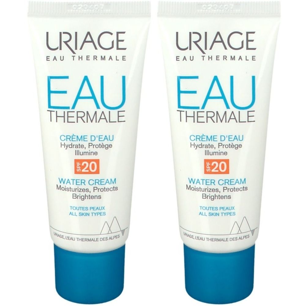 Twee tubes Uriage Eau Thermale Crème d'Eau SPF20. Witte tubes met blauwe dop. Tekst: Eau Thermale, Crème d'Eau, SPF20, Water Cream.