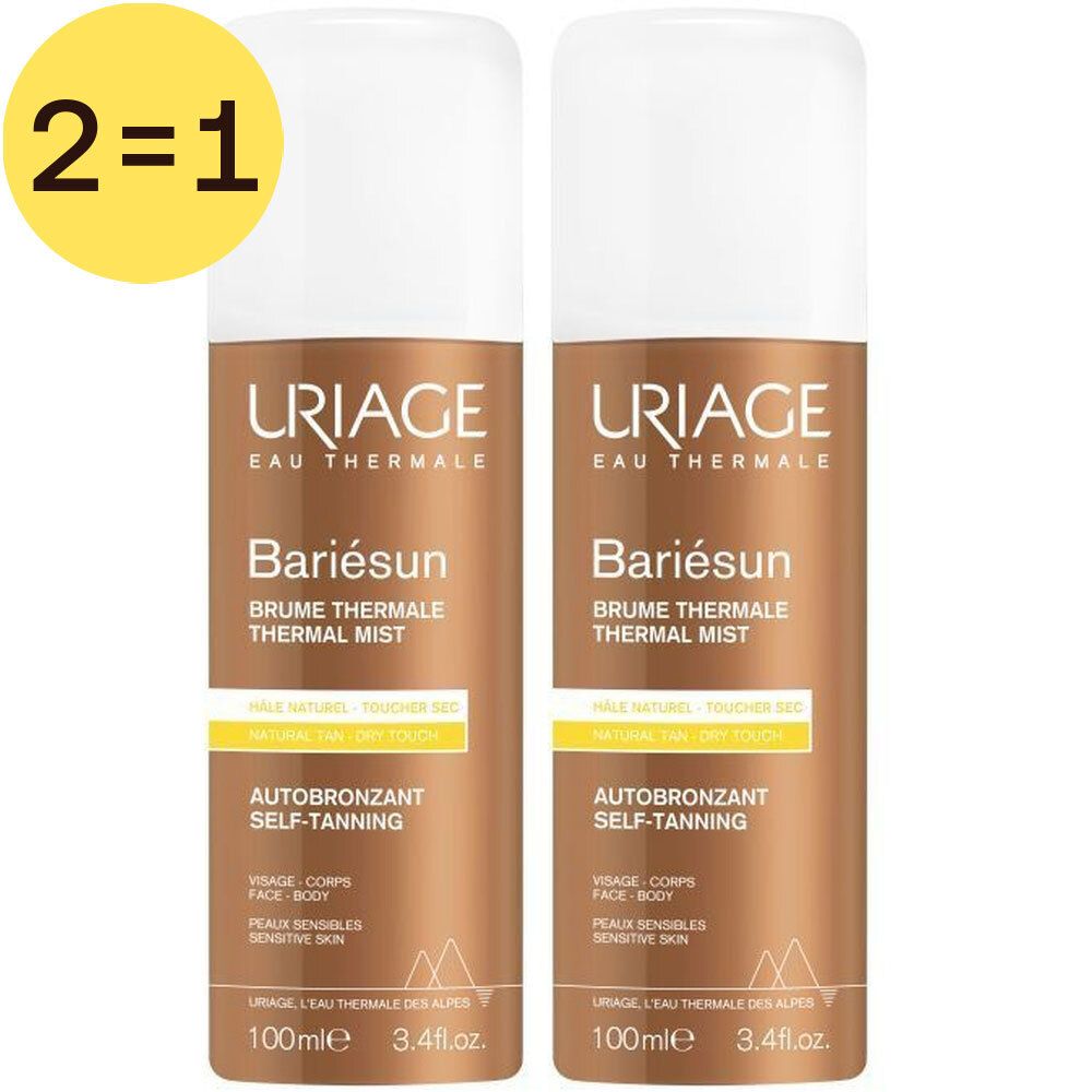 Twee Uriage Bariesun zelfbruinende sprayflessen. Witte dop, bruine body, gele sticker. 2 voor 1 aanbieding.