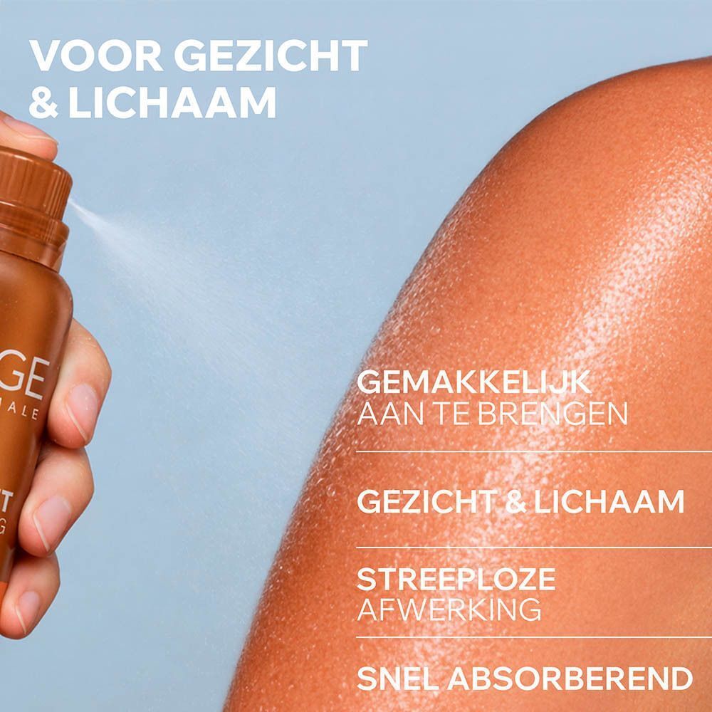 Toepassing van de Uriage Bariésun zelfbruinende nevel op de huid.
