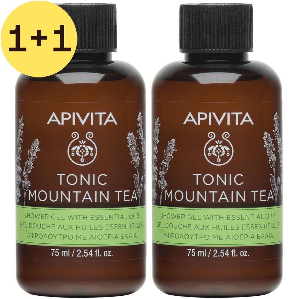 Twee flessen douchegel met zwarte dop. Opschrift: Apivita, Tonic Mountain Tea, 250 ml.