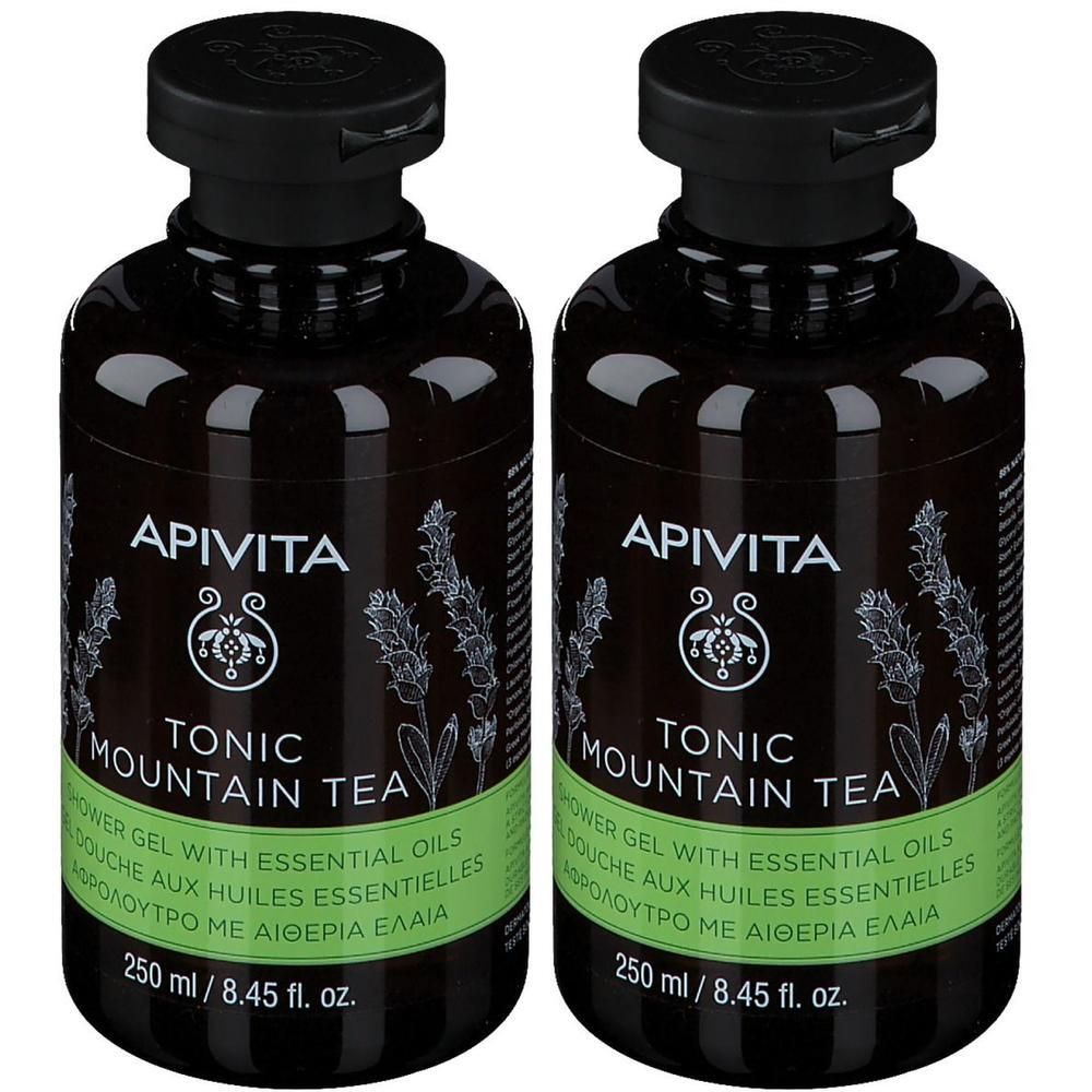 Deux flacons de gel douche avec bouchon noir. Inscription : Apivita, Tonic Mountain Tea, 250 ml.