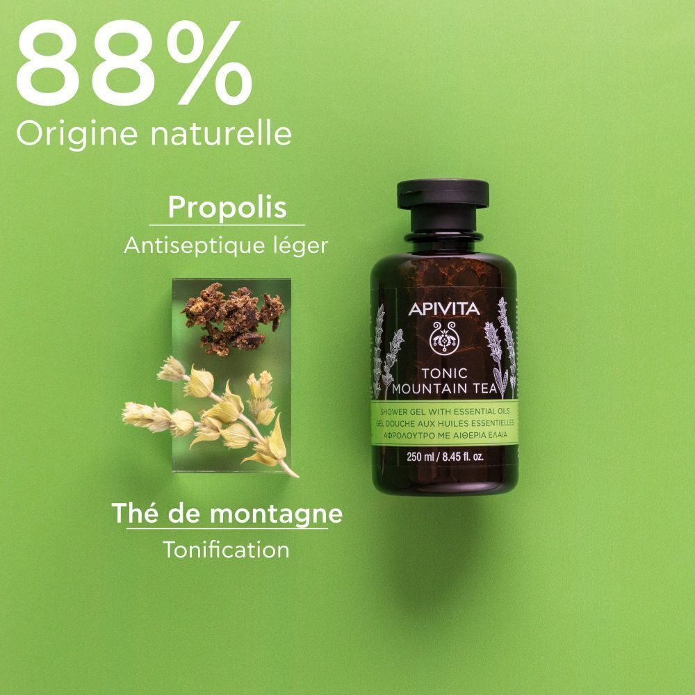 Deux flacons de gel douche superposés. Inscription : Apivita, Tonic Mountain Tea, 250 ml. Texte : Nettoie en douceur & revitalise.