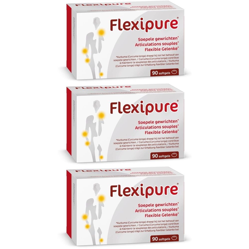 Drie witte dozen met rode rand. Opschrift Flexipure, Soepele gewrichten, Articulations souples, Flexible Gelenke. 90 softgels.