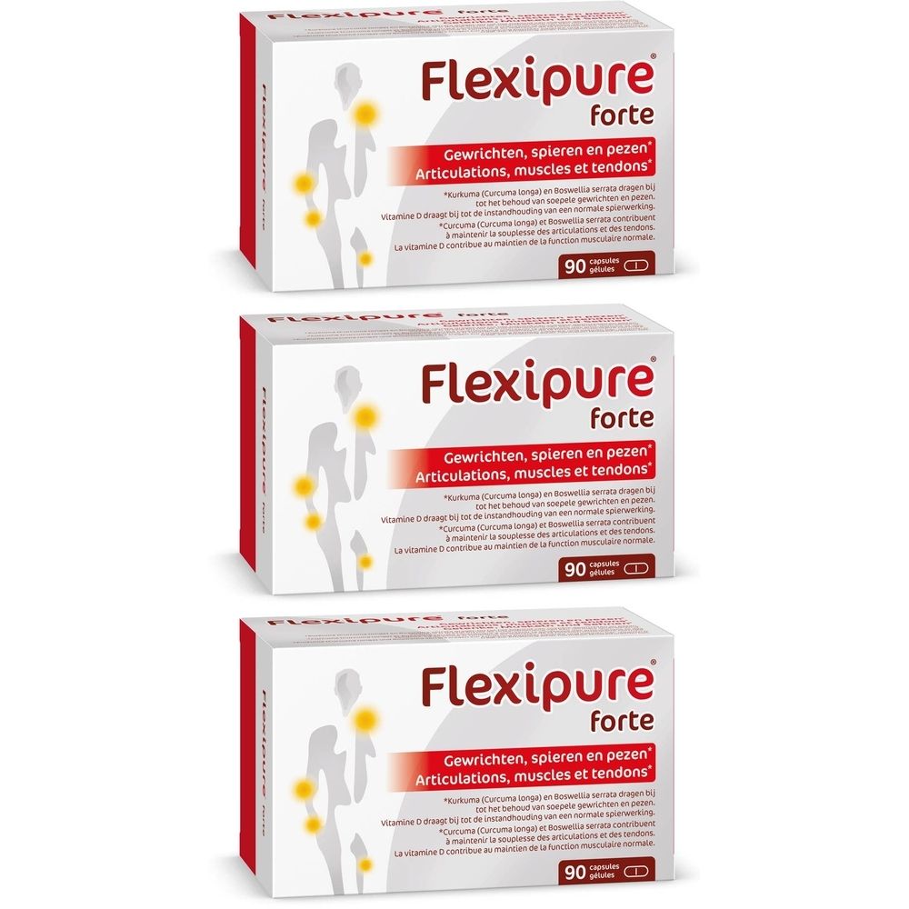 Drie dozen Flexipure forte. Opschrift: Gewrichten, spieren en pezen, Articulations, muscles et tendons. 90 capsules.