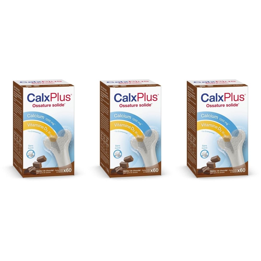 Trois boîtes de CalxPlus Chocolat TRIO. Chaque boîte contient 60 comprimés. Avec calcium et vitamine D3. Morceaux de chocolat.