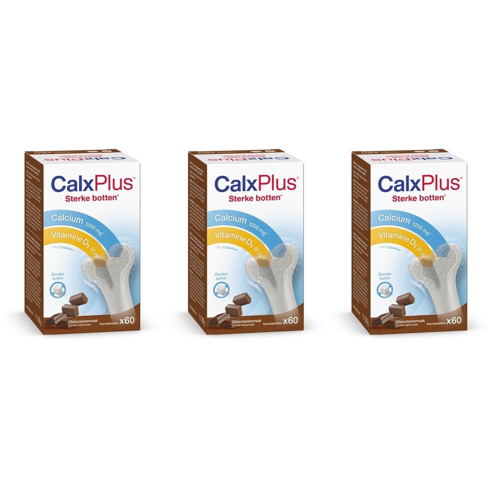 Drie verpakkingen CalxPlus Chocolat TRIO. Elke verpakking bevat 60 tabletten. Met calcium en vitamine D3. Stukjes chocolade.