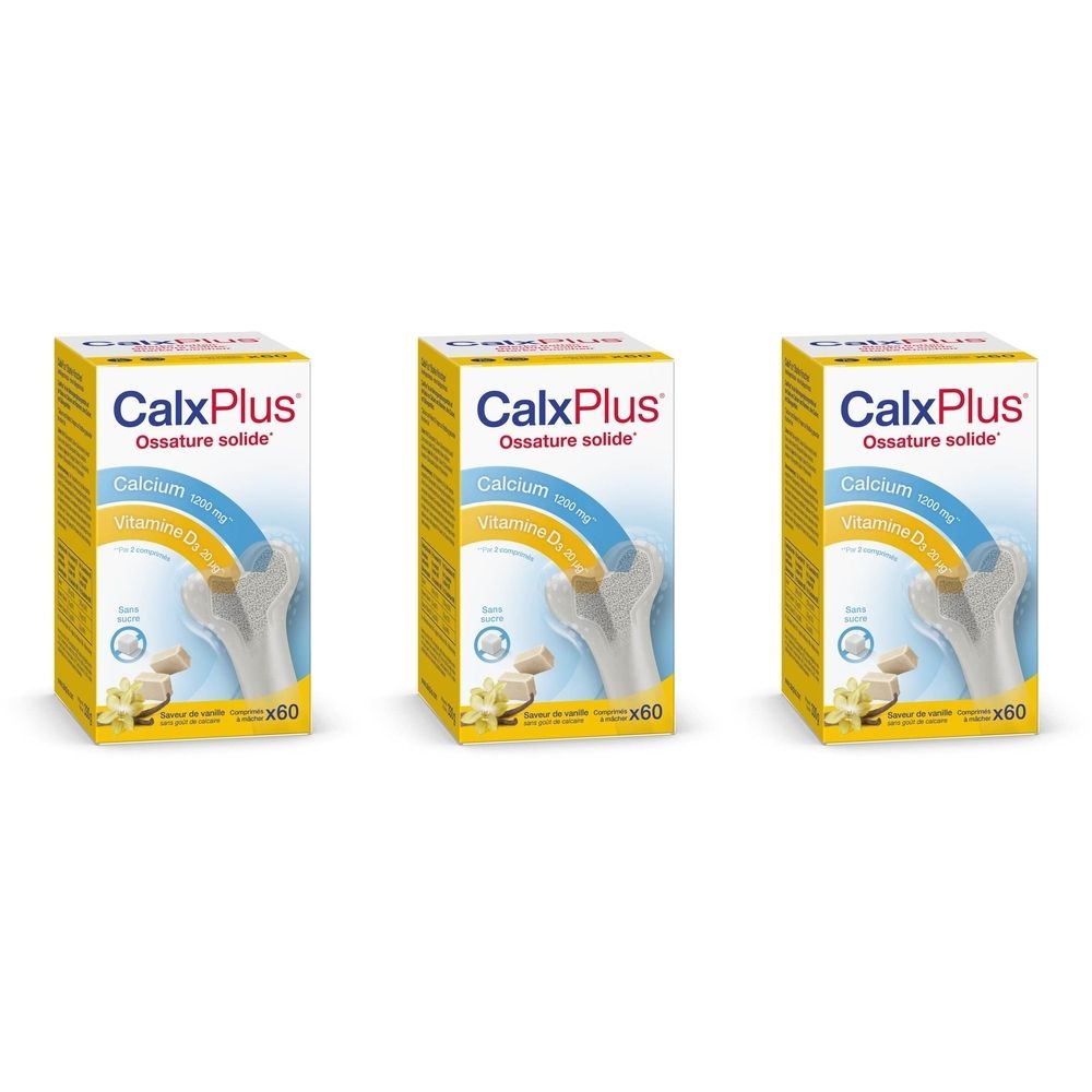 Trois boîtes CalxPlus, jaune et blanc, avec illustration d'os et de calcium. Texte: Calcium, Vitamine D3, x60.