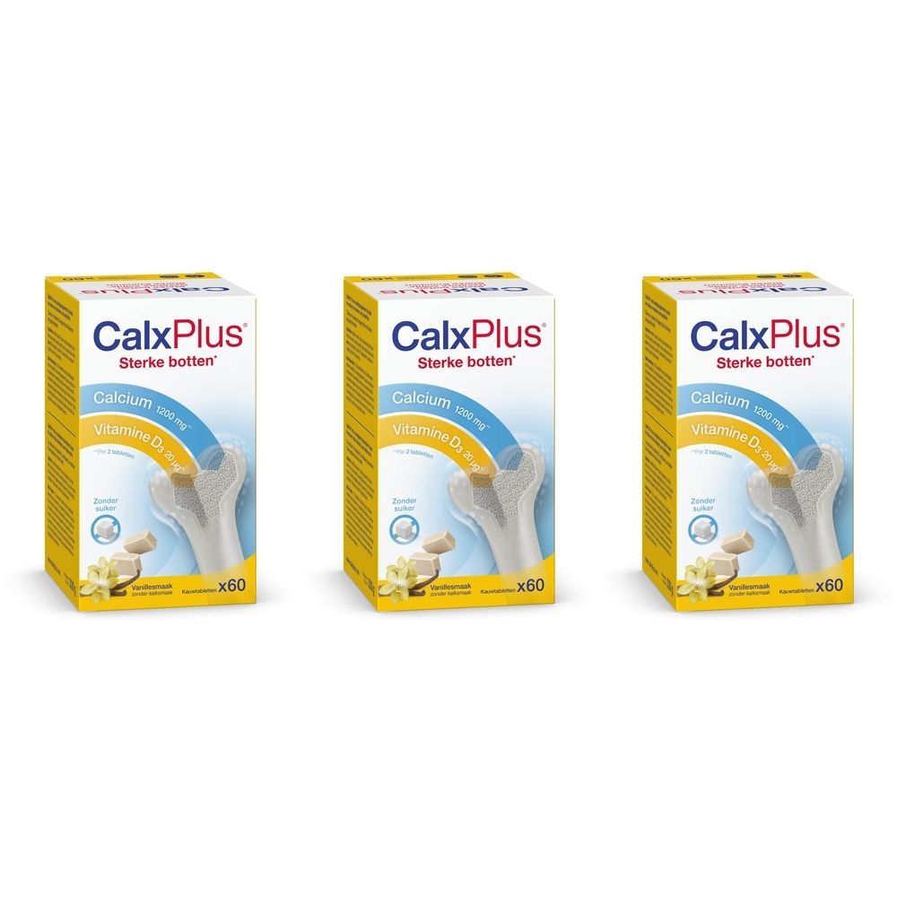 Drie CalxPlus dozen, geel-wit, met bot- en calcium illustratie. Tekst: Sterke botten, Calcium, Vitamine D3, x60.
