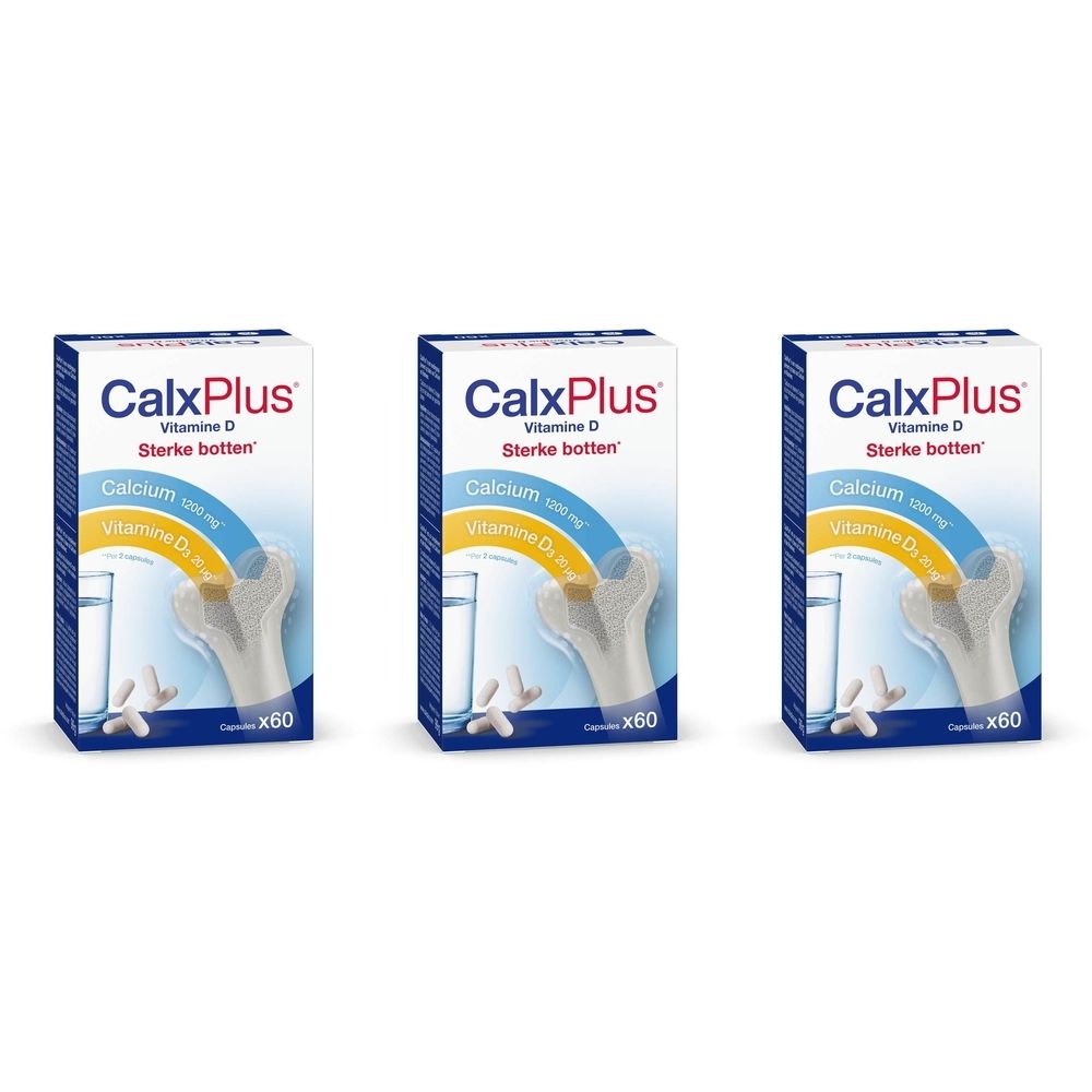 Drie dozen CalxPlus, blauw en witte verpakking. Opschrift: Calcium, Vitamine D, Sterke botten. Elke doos bevat x60.