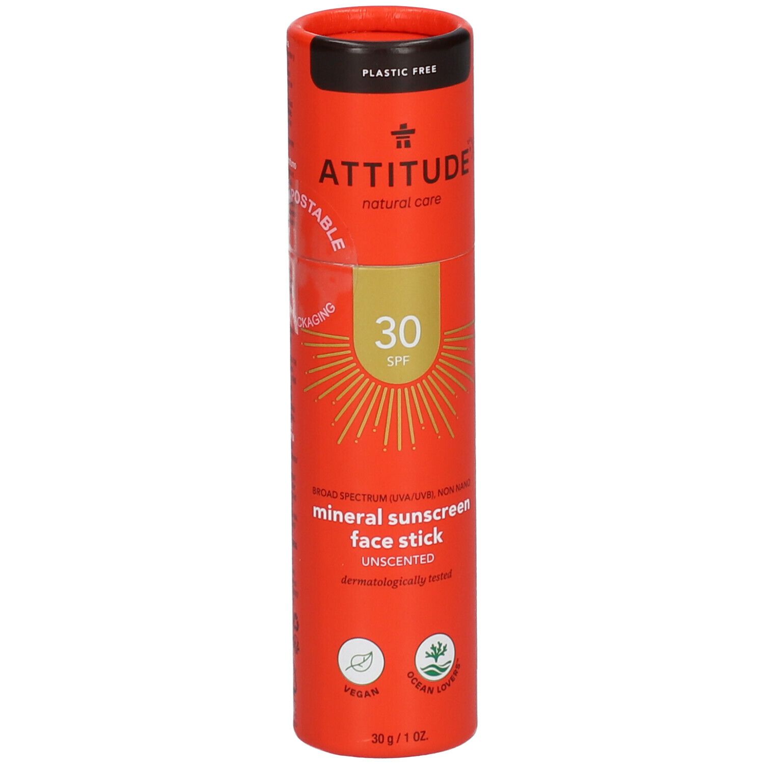 Oranje cilindrische verpakking. "ATTITUDE" logo, "SPF 30" en "mineral sunscreen face stick" zichtbaar. "PLASTIC FREE".