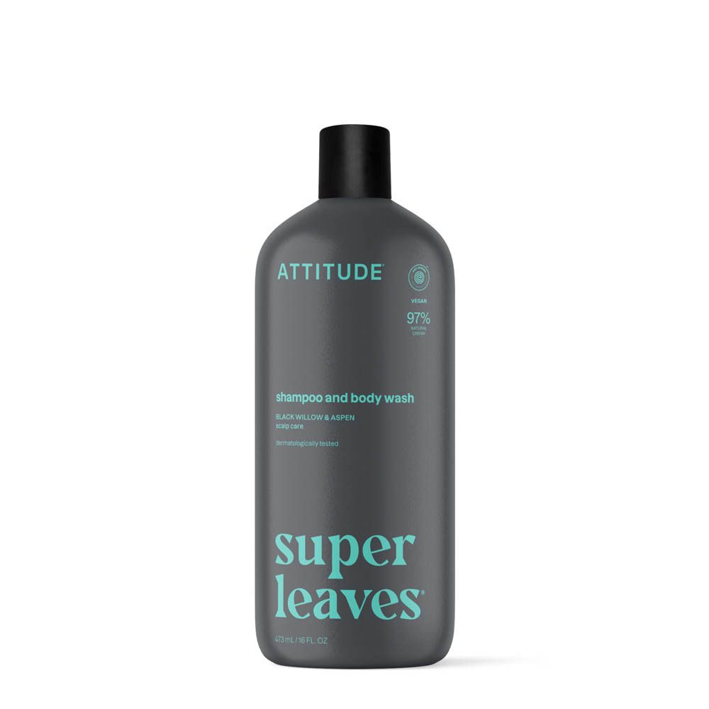 Bouteille grise avec inscription 'ATTITUDE SUPER LEAVES SCIENCE', motif de feuilles et infos produit.