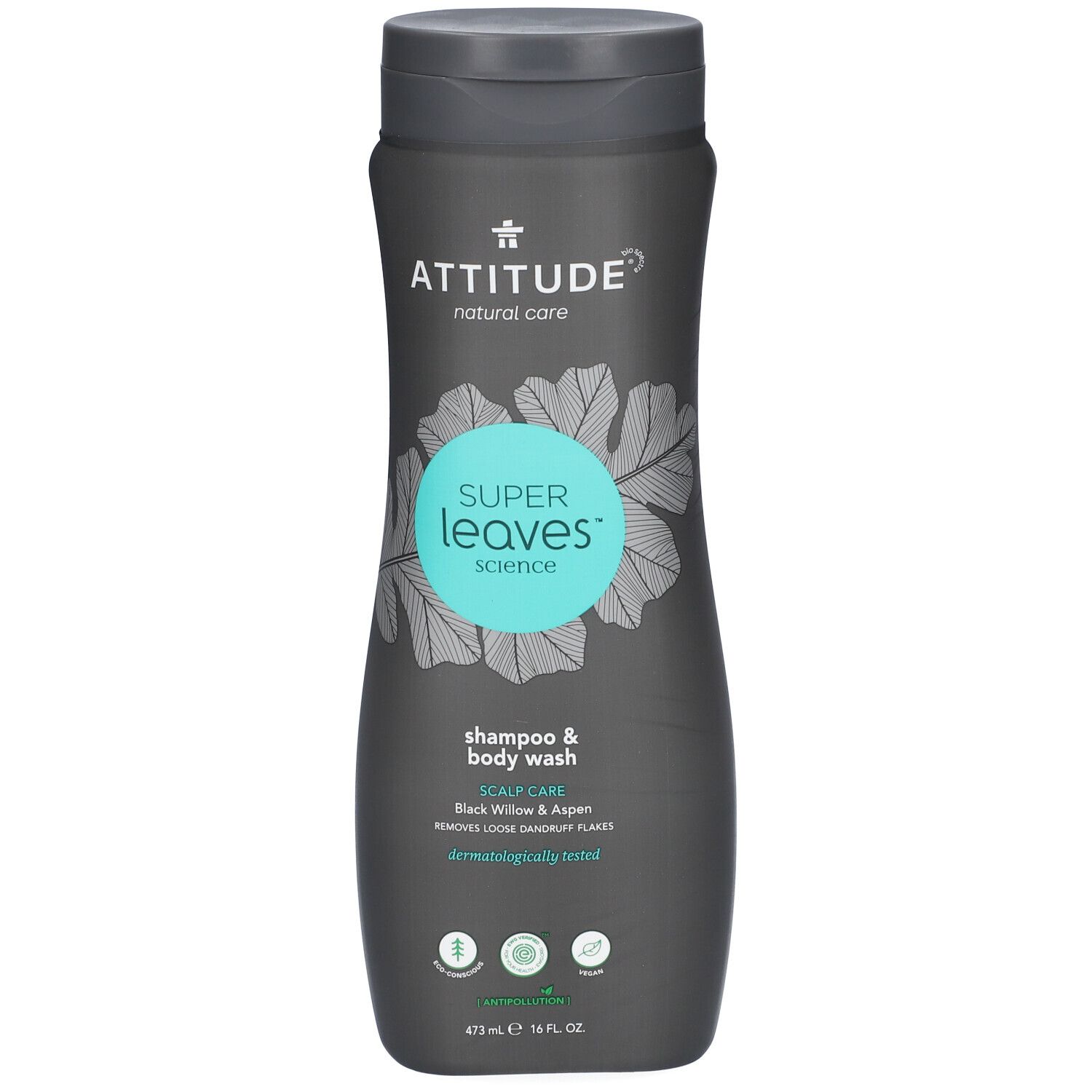 Grijs flesje met opschrift 'ATTITUDE SUPER LEAVES SCIENCE', bladerenmotief en productinfo.