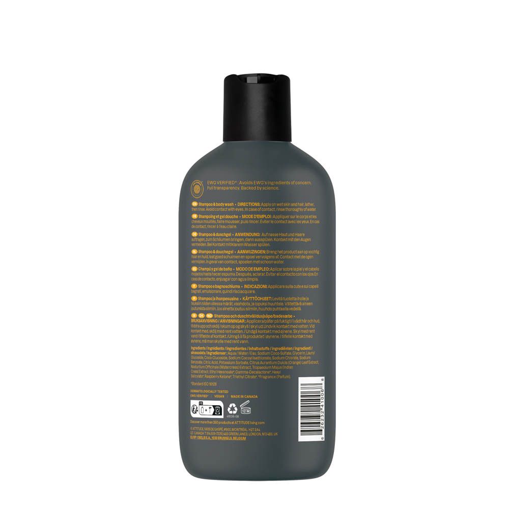 Attitude Super Leaves Shampoo & Body Wash 2-in-1 Sport, Ginseng & Grape Seed Oil, verso.