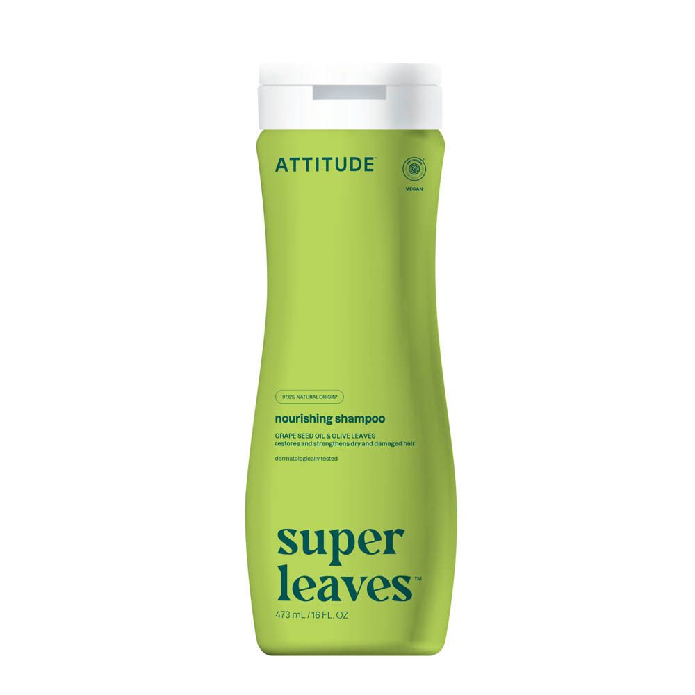 Shampoing Attitude Super Leaves, bouteille vert clair avec bouchon blanc. Contient 473 ml.