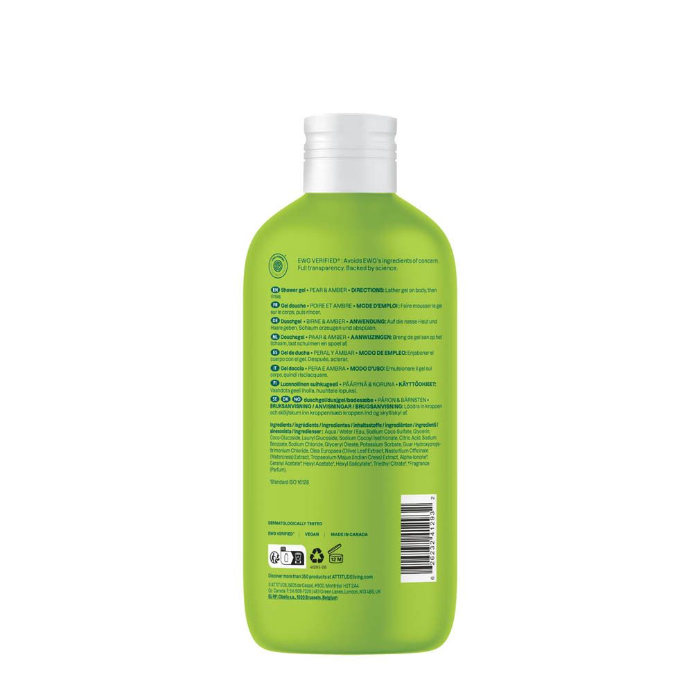 Arrière du gel douche Attitude Super Leaves. Contient les ingrédients et certifications.