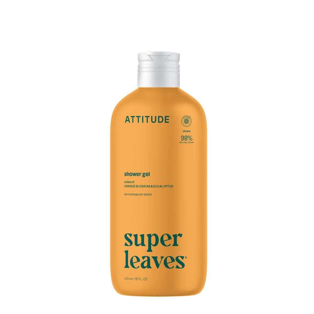 Flacon de gel douche vert foncé avec texte blanc et doré.