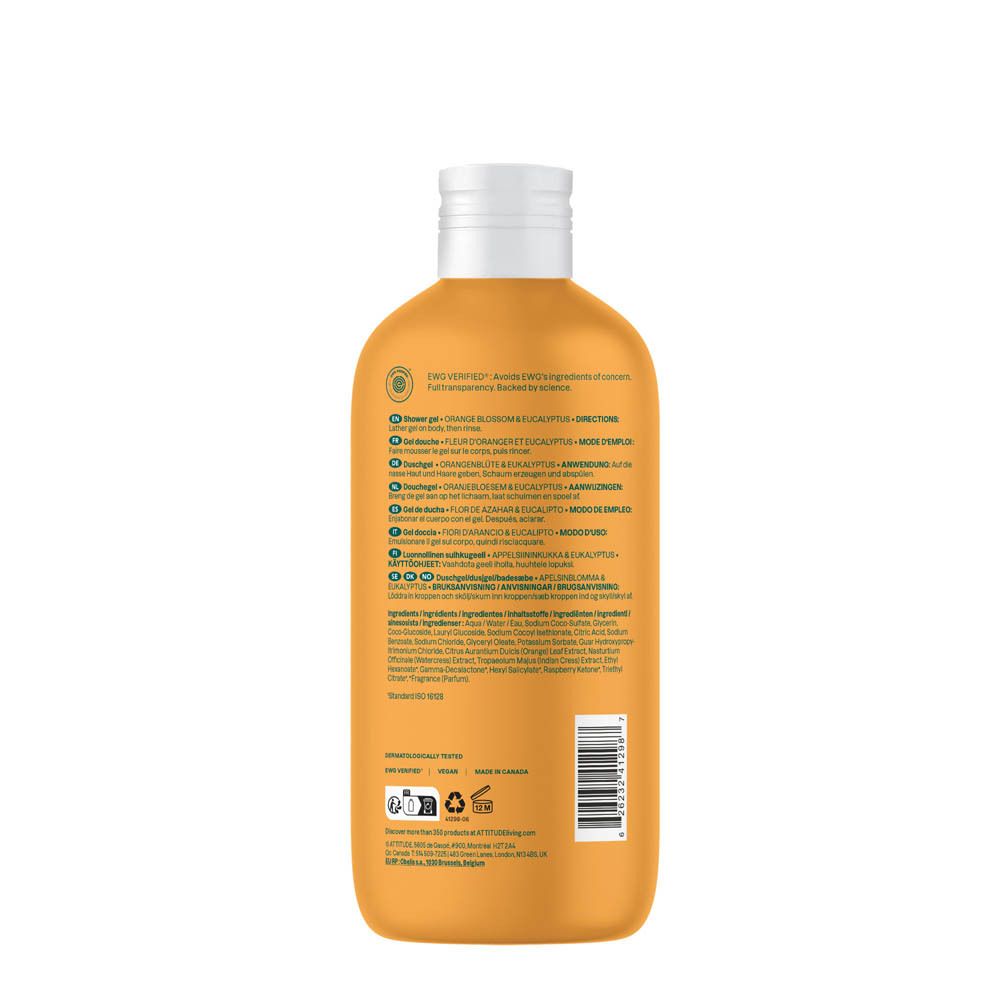 Flacon de gel douche orange avec texte blanc et vert.