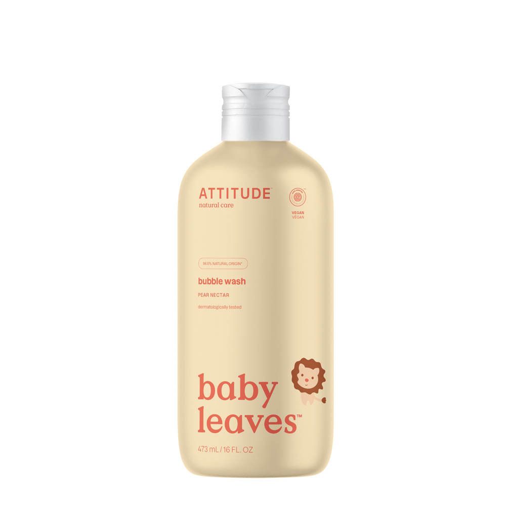 Bouteille ATTITUDE® Baby Leaves™ Bubble Wash avec motifs de singe et de lion.