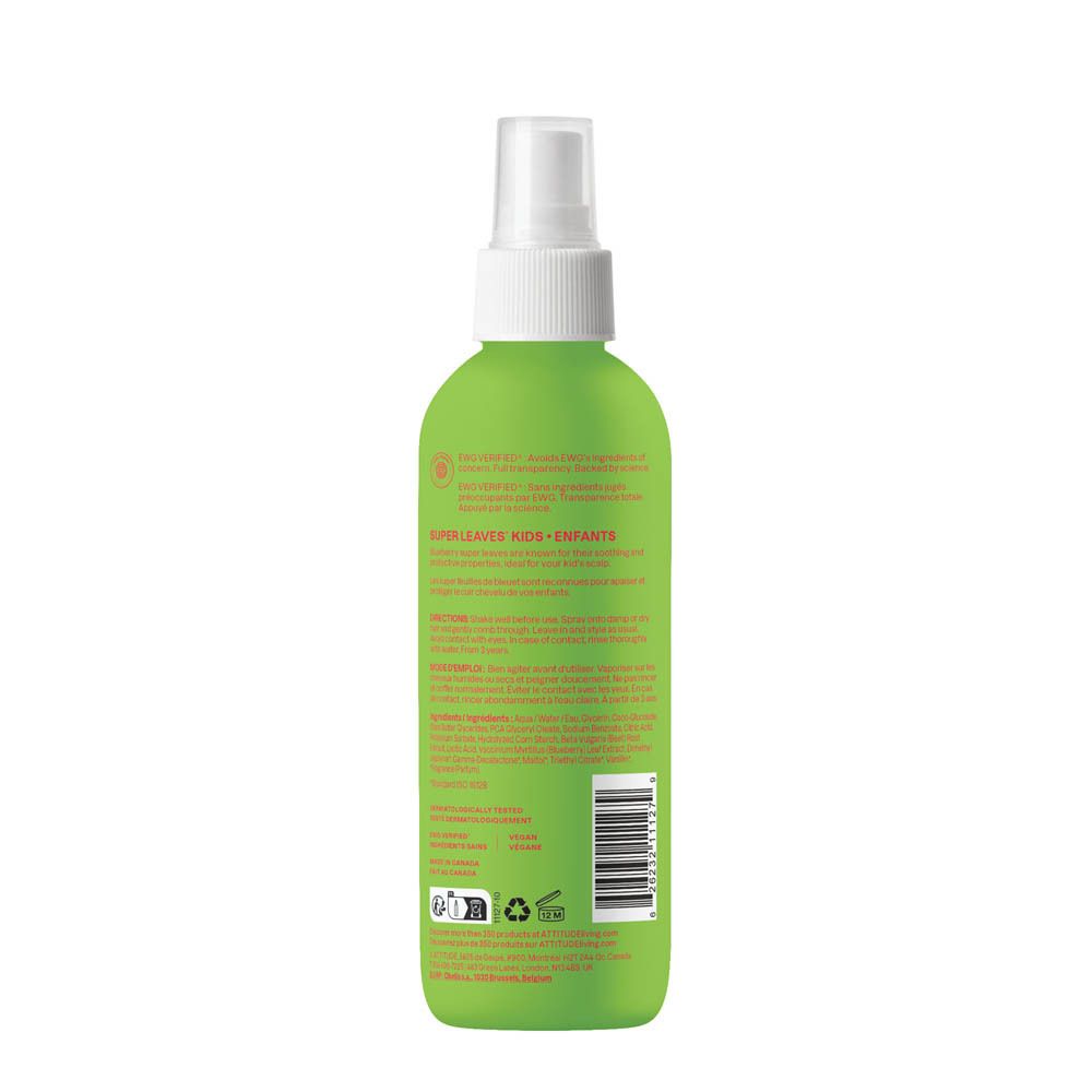 Arrière d'un flacon spray vert Attitude Little Leaves Démêlant Cheveux pour enfants, pastèque & coco.