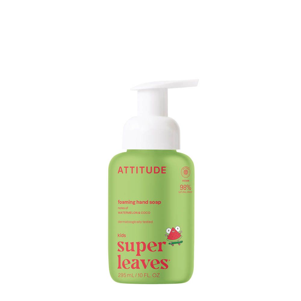 Flacon vert avec pompe, savon moussant ATTITUDE® pour enfants, Melon d'eau & Coco.