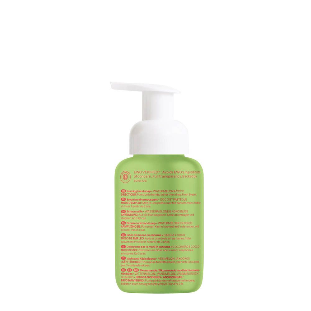 Arrière du flacon vert ATTITUDE® savon moussant pour enfants avec ingrédients et certifications.