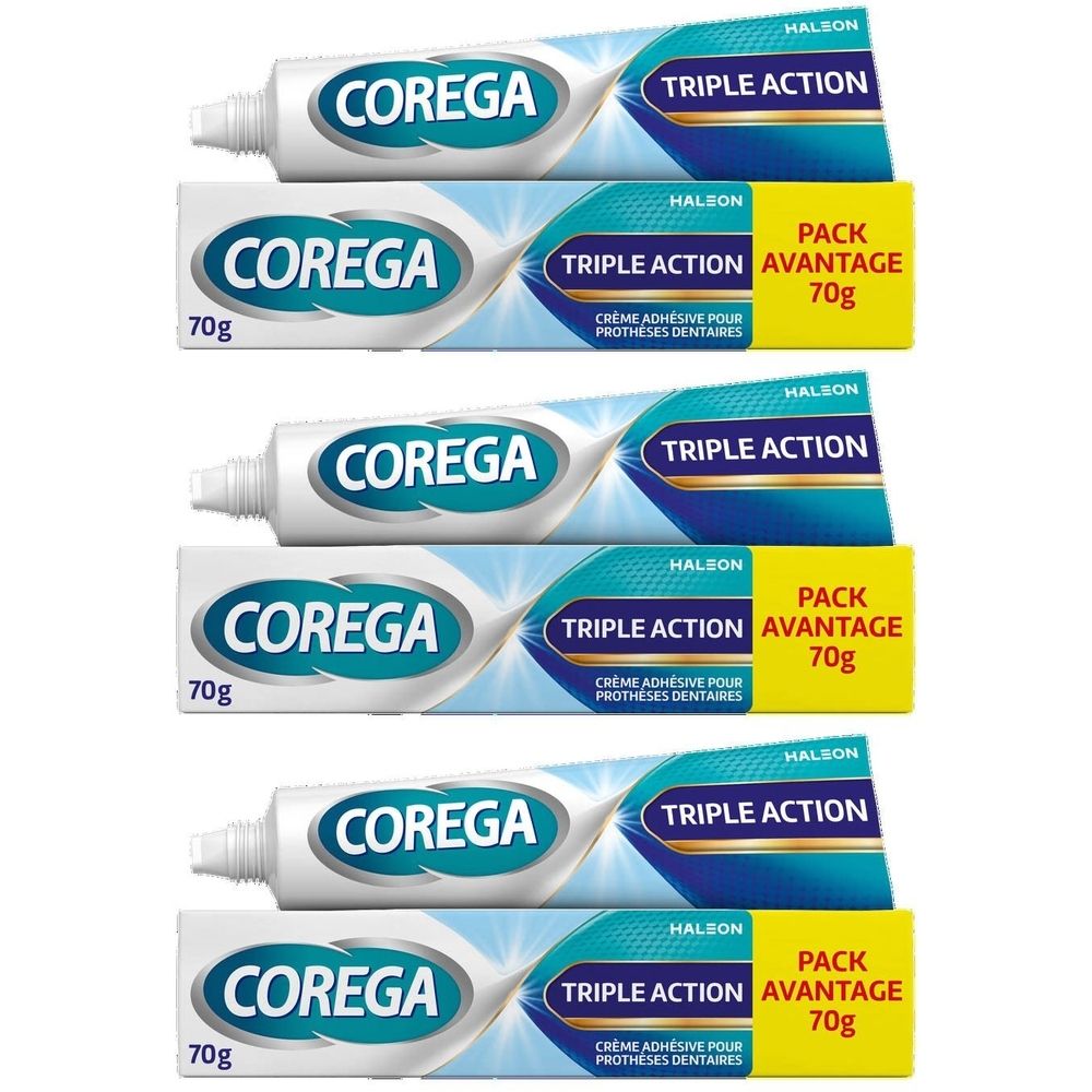 Cinq tubes et boîtes Corega Triple Action. Inscription: Crème adhésive pour prothèses dentaires. 70g.