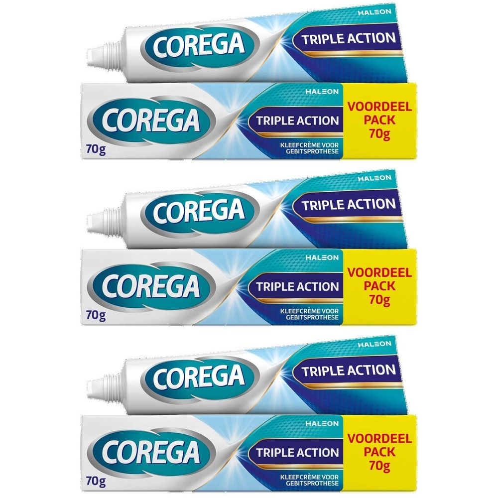 Vijf tubes en dozen Corega Triple Action. Opschrift: Kleefcrème voor gebitsprothese. 70g.