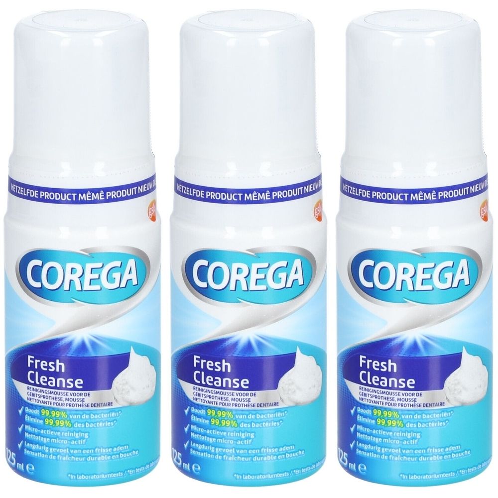 Drie flessen COREGA Fresh Cleanse. Wit-blauwe verpakking. Productnaam en schuimillustratie. Tekst: 125 ml.