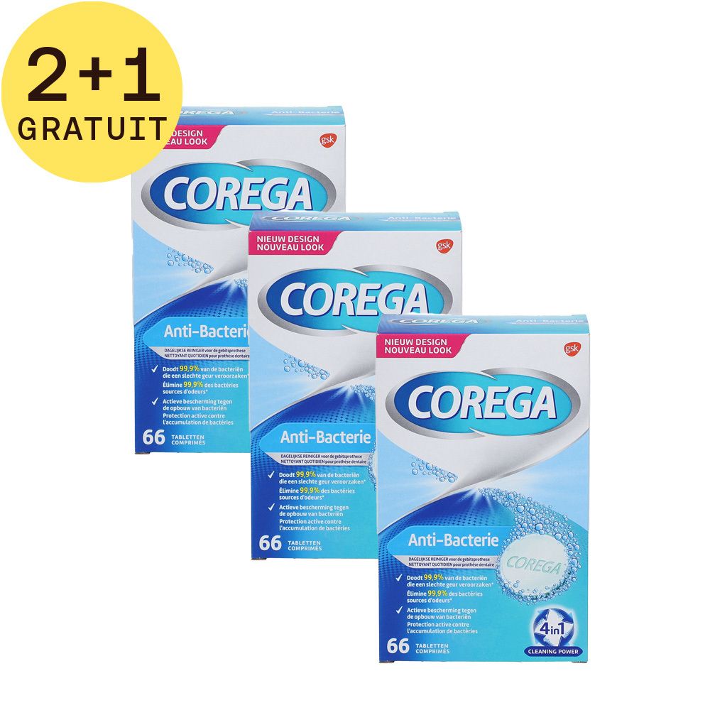 Trois boîtes de Corega Anti-Bactérie. Autocollant 2+1 GRATUIT. Emballage bleu et blanc avec nom du produit et 66 comprimés.
