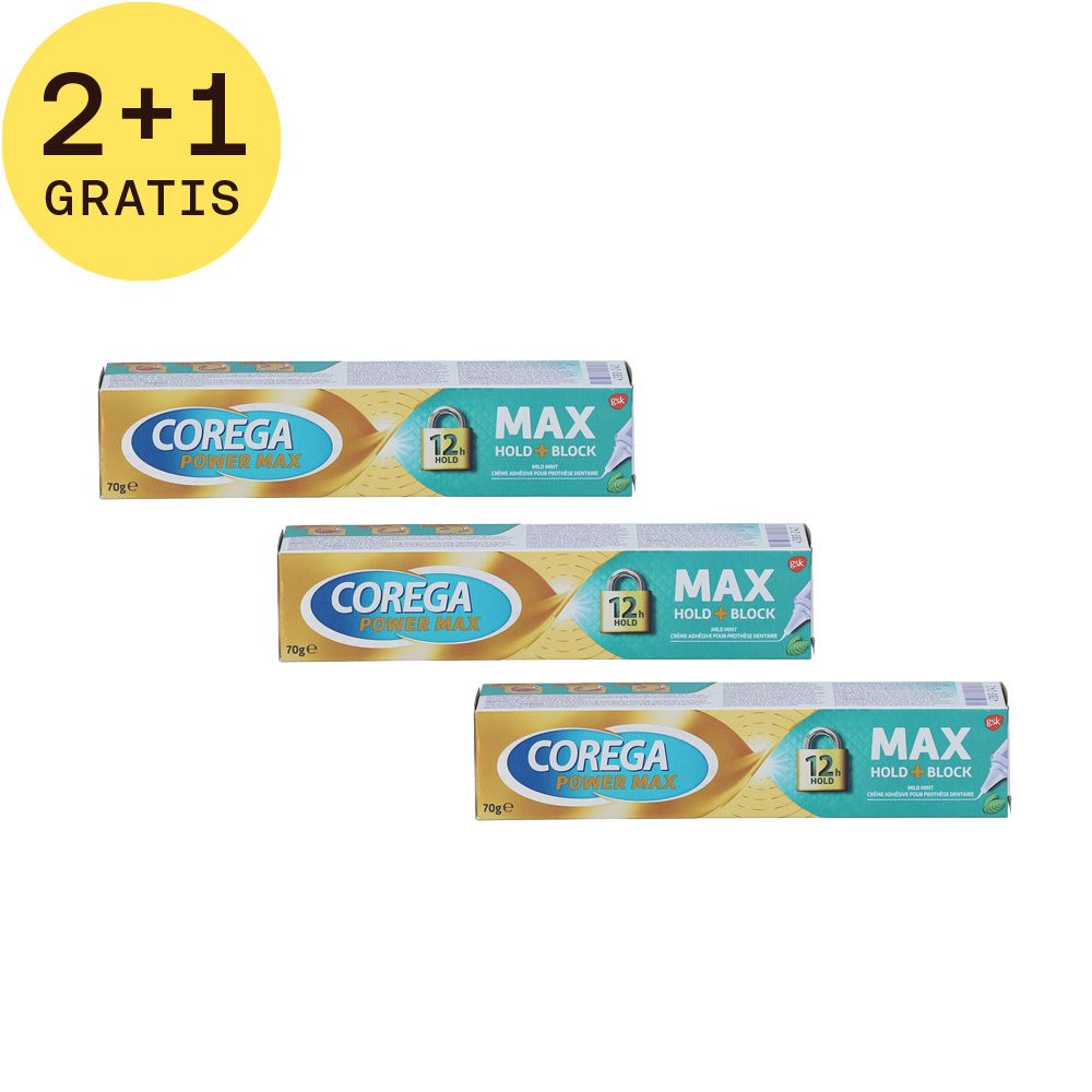 Drie verpakkingen Corega Max Seal, met sticker "2+1 GRATIS". Opschrift "MAX HOLD BLOCK".