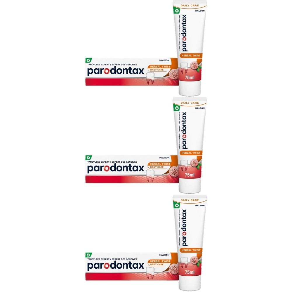 Drie tubes Parodontax Herbal Twist tandpasta en verpakking. Witte tubes met groene tekst. Opschrift: Herbal Twist, 75ml.
