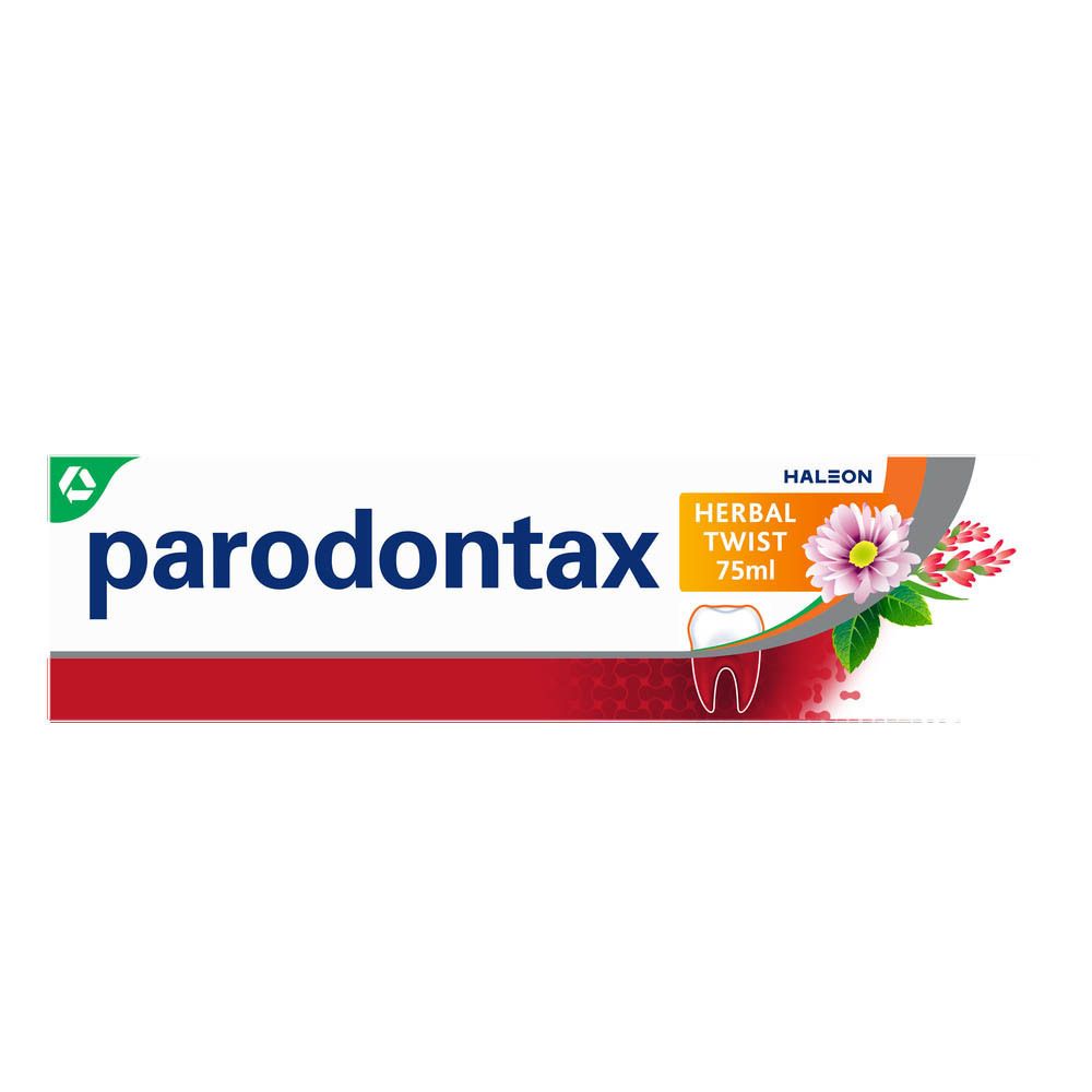Tube Parodontax Herbal Twist tandpasta. Wit met groene tekst, bloemmotieven en 75ml. Merk Haleon.