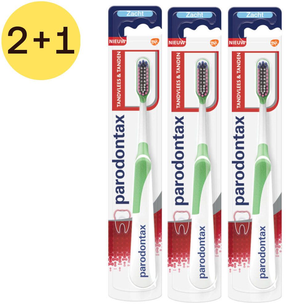 Trois brosses à dents emballées. Marque 'parodontax'. Étiquette jaune '2+1'.