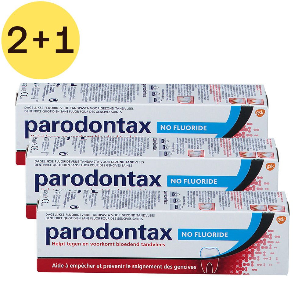 Drie tubes tandpasta zonder fluoride. Opschrift: parodontax NO FLUORIDE. Geel cirkelsymbool: 2+1 GRATUIT.