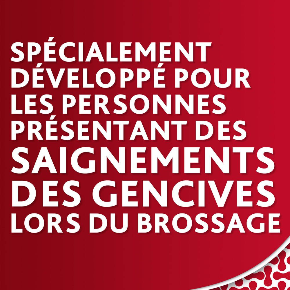 Texte sur fond rouge: « SPÉCIALEMENT DÉVELOPPÉ POUR LES PERSONNES PRÉSENTANT DES SAIGNEMENTS DES GENCIVES LORS DU BROSSAGE ».