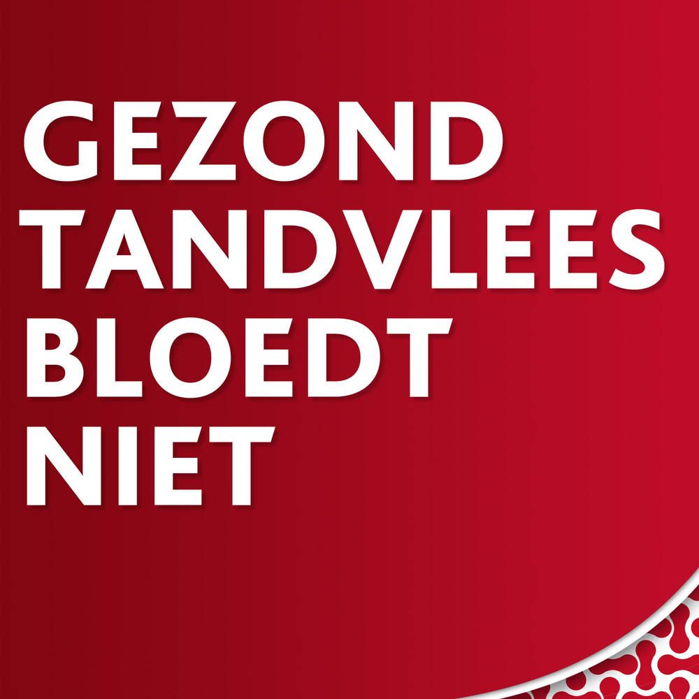 Tekst op rode achtergrond: « GEZOND TANDVLEES BLOEDT NIET ».