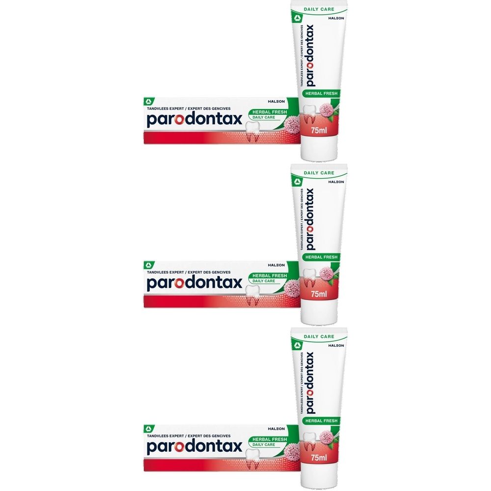 Tubes et boîtes de dentifrice. Inscription : parodontax, Herbal Fresh. Emballage blanc et vert avec motif floral.